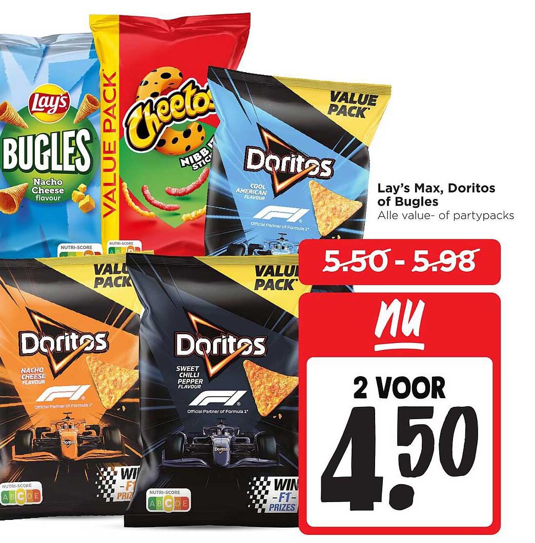 Lay’s Max, Doritos of Bugles Alle value- of partypacks