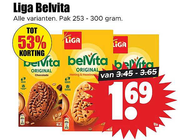 Liga Belvita Alle varianten. Pak 253 - 300 gram. TOT 53% KORTING