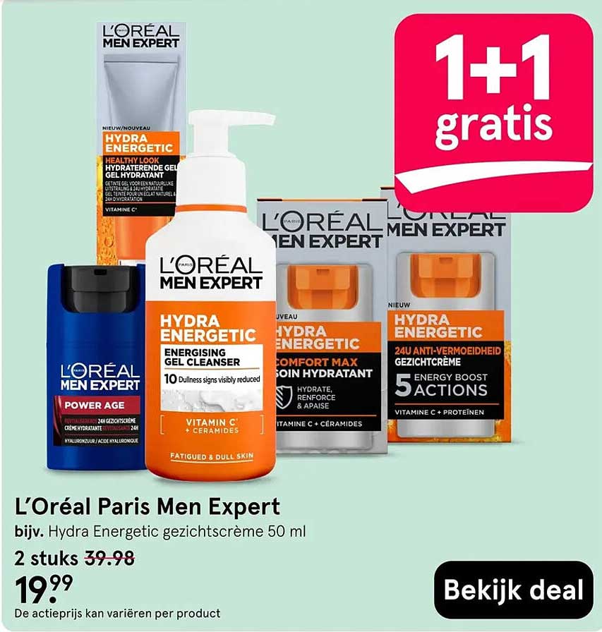 L’Oréal Paris Men Expert bijv. Hydra Energetic gezichtscrème 50 ml 1+1 gratis