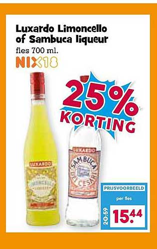 Luxardo Limoncello of Sambuca liqueur fles 700 ml. NIX18 25% KORTING