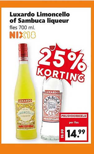 Luxardo Limoncello of Sambuca liqueur fles 700 ml. NIX18 25% KORTING