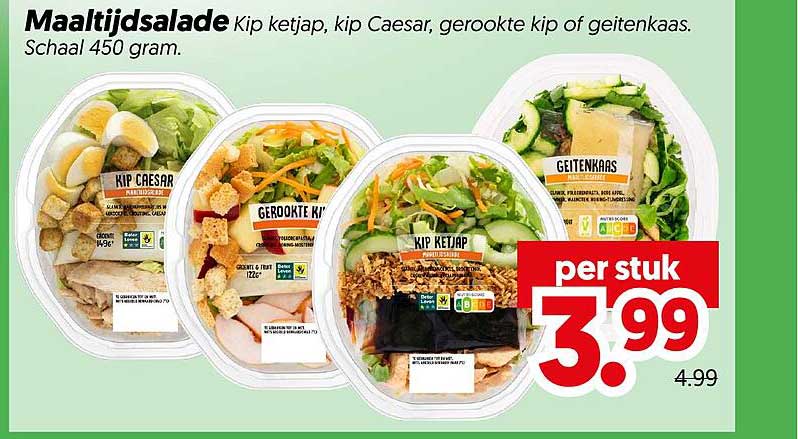 Maaltijdsalade Kip ketjap, kip Caesar, gerookte kip of geitenkaas. Schaal 450 gram. per stuk