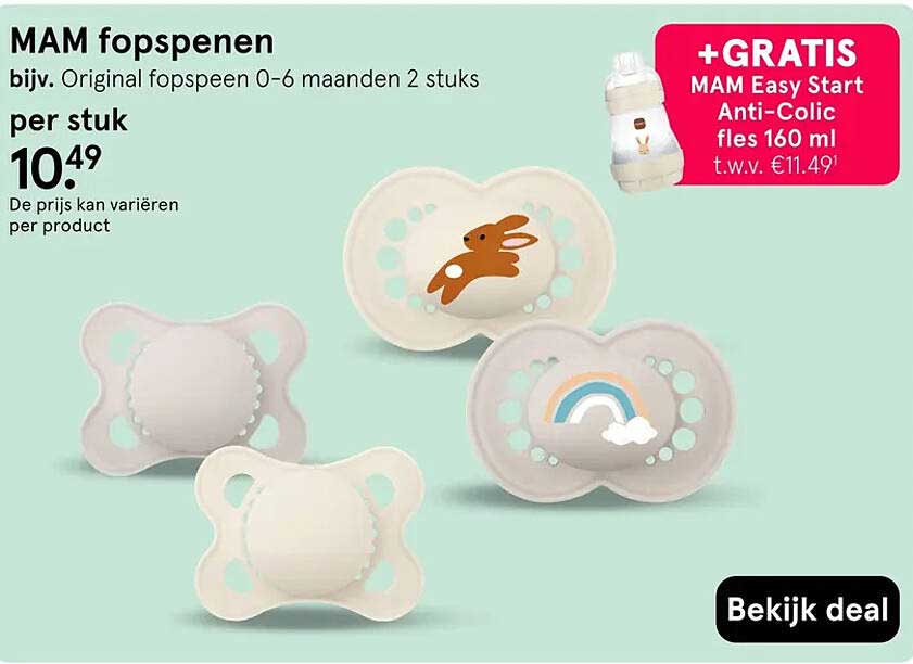 MAM fopspeen bijv. Original fopspeen 0-6 maanden 2 stuks per stuk +GRATIS MAM Easy Start Anti-Colic fles 160 ml t.w.v. €11.49