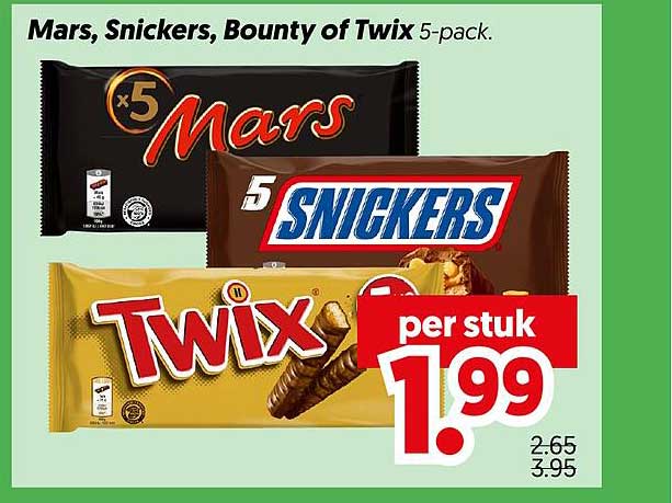 Mars, Snickers, Bounty of Twix 5-pack.