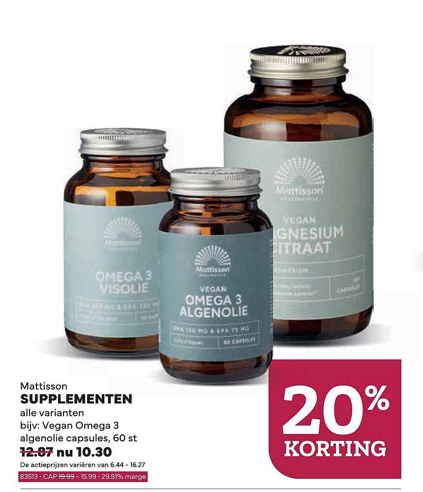Mattisson SUPPLEMENTEN alle varianten bijv. Vegan Omega 3 algenolie capsules, 60 st 20% KORTING