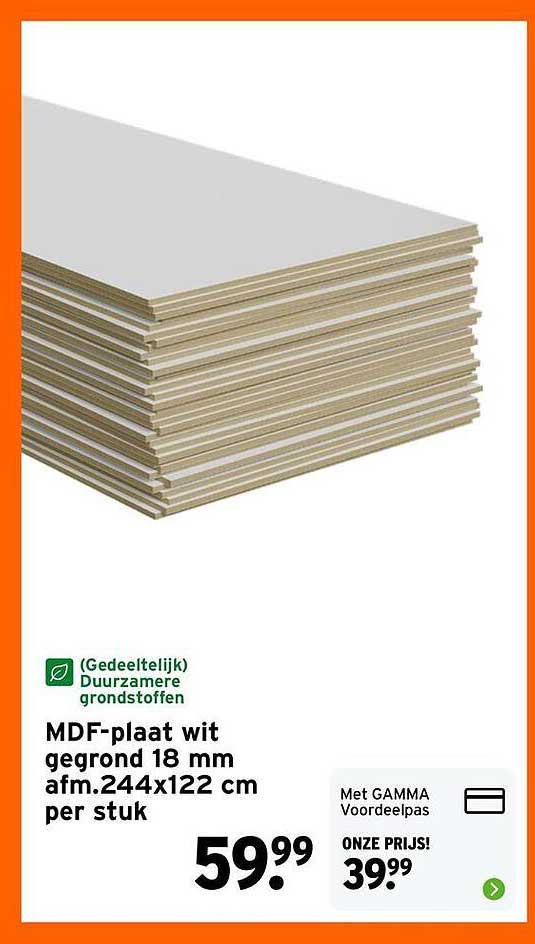 MDF-plaat wit gegrond 18 mm afm.244x122 cm per stuk