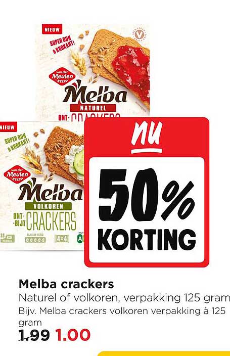 Melba crackers Naturel of volkoren, verpakking 125 gram nu 50% korting