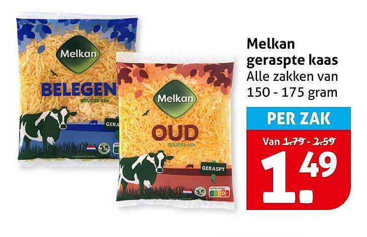 Melkan geraspte kaas Alle zakken van 150 - 175 gram PER ZAK