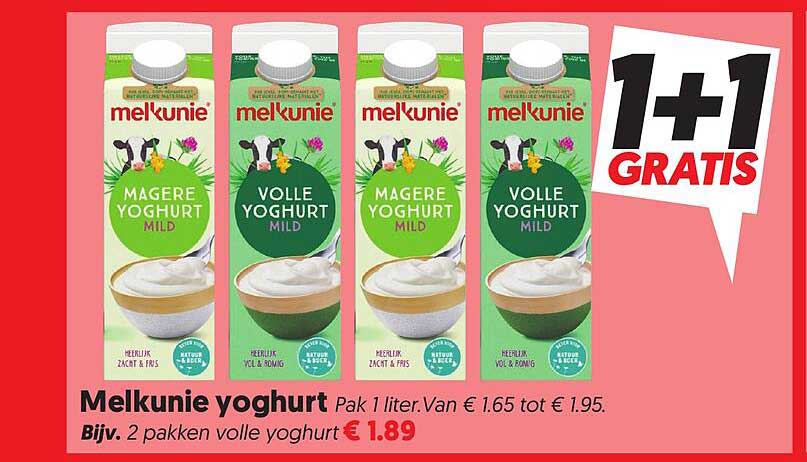 Melkunie yoghurt 1+1 gratis