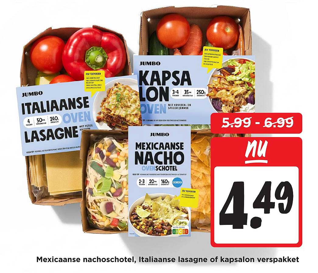 Mexicaanse nachoschotel, Italiaanse lasagne of kapsalon verspakkет