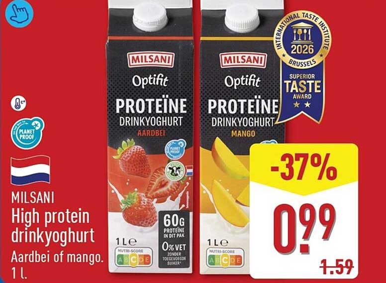 MILSANI High protein drinkyoghurt Aardbei of mango. 1 l.