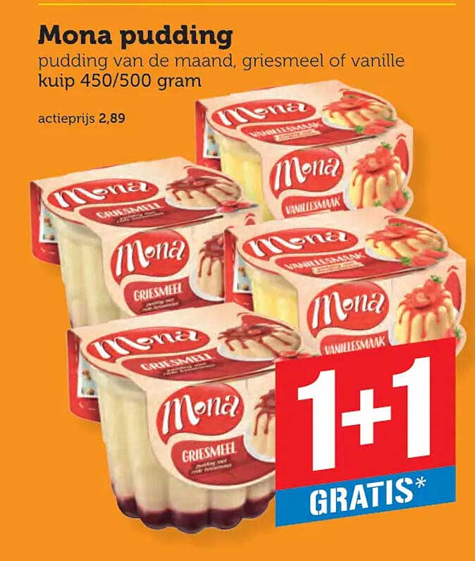 Mona pudding pudding van de maand, griesmeel of vanille kuip 450/500 gram 1+1 gratis