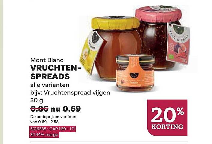 Mont Blanc VRUCHTEN-SPREADS alle varianten bijv: Vruchtenspread vijgen 30 g 20% KORTING