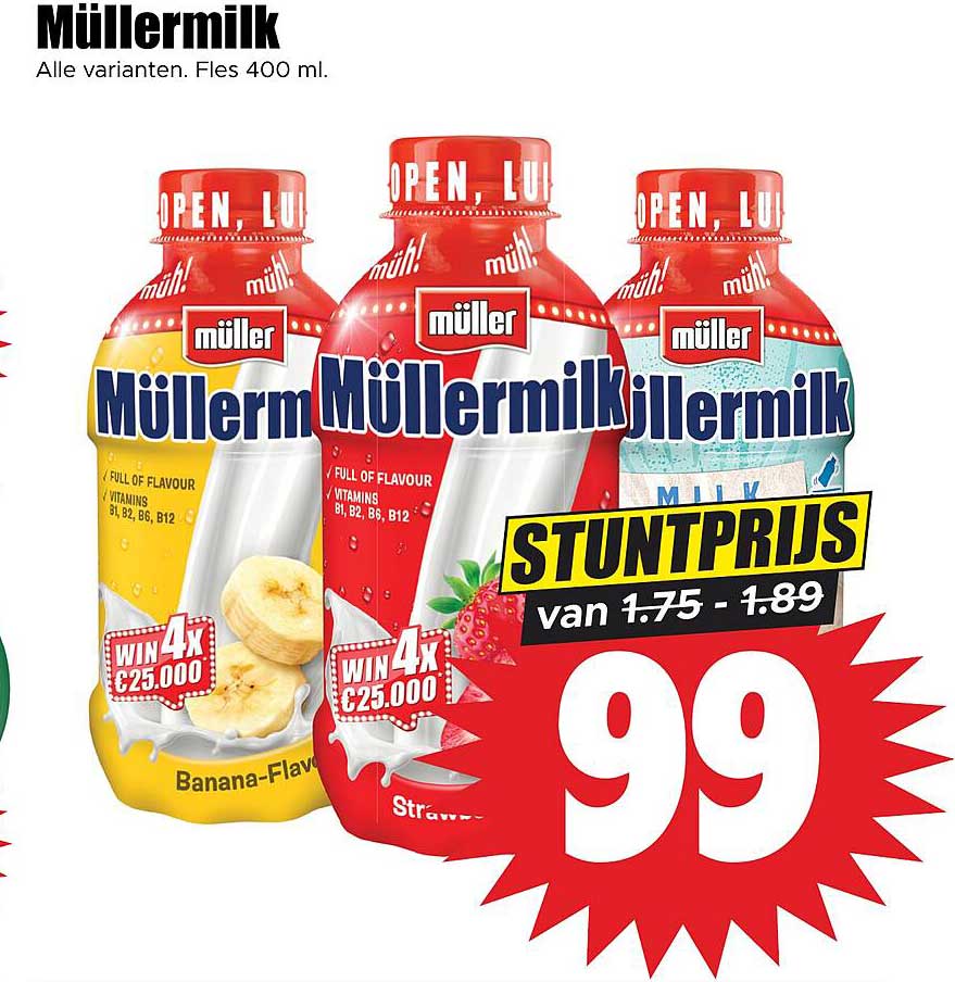 Müllermilk Alle varianten. Fles 400 ml. STUNTPRIJS