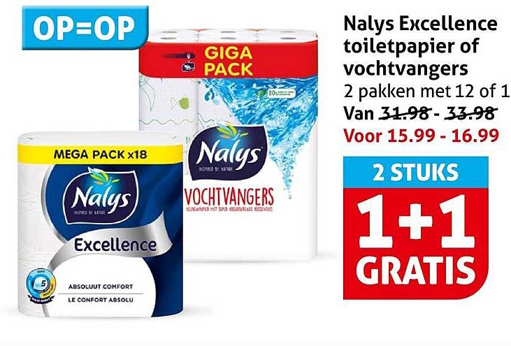 Nalys Excellence toiletpapier of vochtvangers 2 pakken met 12 of 1 1+1 GRATIS