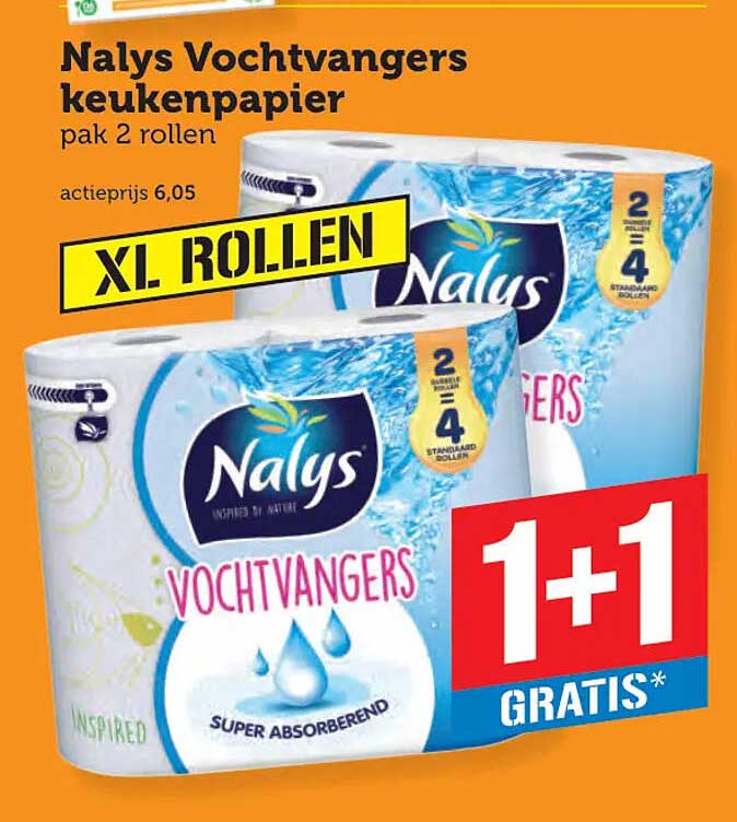 Nalys Vochtvangers keukenpapier pak 2 rollen 1+1 gratis