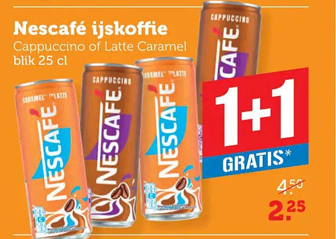 Nescafé ijskoffie Cappuccino of Latte Caramel blik 25 cl 1+1 gratis