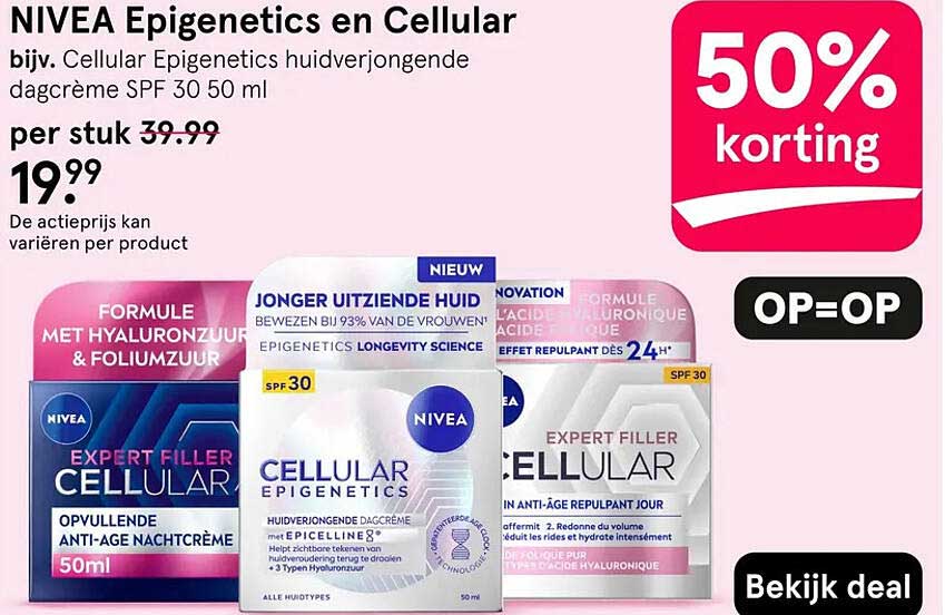 NIVEA Epigenetics en Cellular bijv. Cellular Epigenetics huidverjongende dagcrème SPF 30 50 ml 50% korting OP=OP