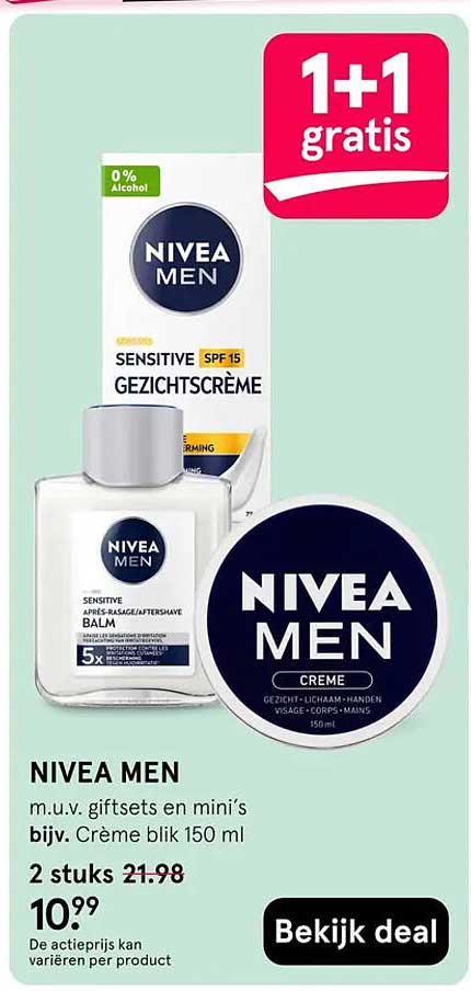 NIVEA MEN m.u.v. giftsets en mini’s bijv. Crème blik 150 ml 1+1 gratis
