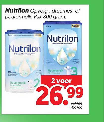 Nutrilon Opvolg-, dreumes- of peutermelk. Pak 800 gram 2 voor 26.99
