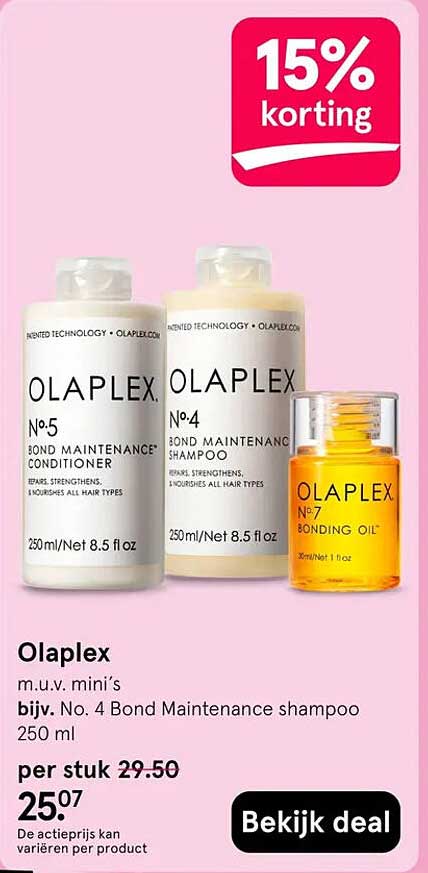 Olaplex m.u.v. mini’s bijv. No. 4 Bond Maintenance shampoo 250 ml 15% korting