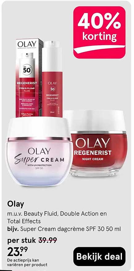 Olay m.u.v. Beauty Fluid, Double Action en Total Effects bijv. Super Cream dagcrème SPF 30 50 ml 40% korting