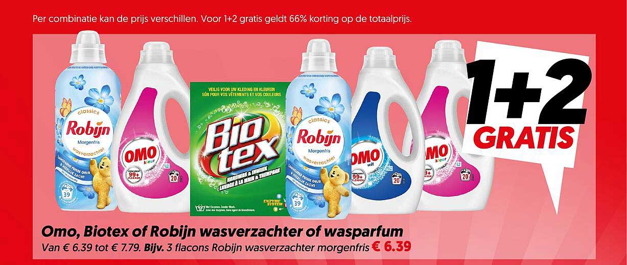 Omo, Biotex of Robijn wasverzachter of wasparfum 1+2 GRATIS