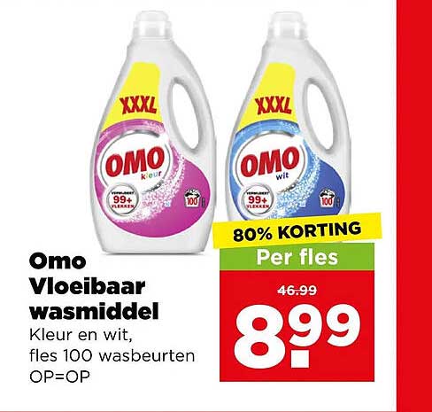 Omo Vloeibaar wasmiddel Kleur en wit, fles 100 wasbeurten OP=OP 80% KORTING Per fles