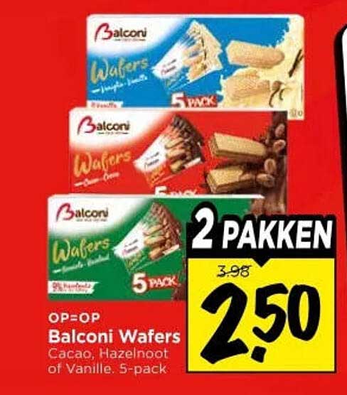 OP=OP Balconi Wafers Cacao, Hazelnoot of Vanille. 5-pack 2 PAKKEN