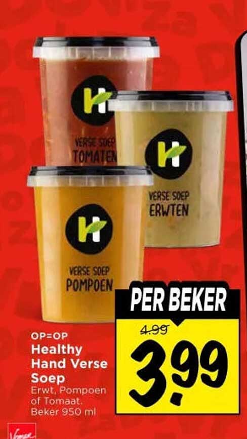 OP=OP Healthy Hand Verse Soep Erwt, Pompoen of Tomaat Beker 950 ml