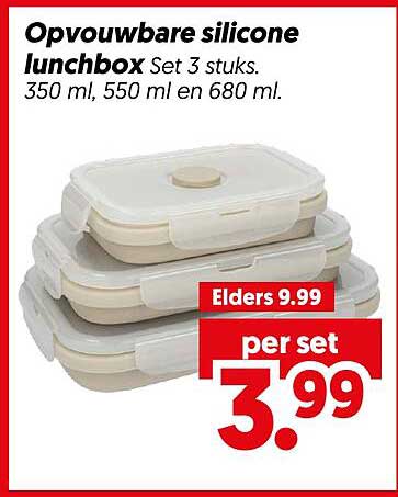 Opvouwbare silicone lunchbox Set 3 stuks. 350 ml, 550 ml en 680 ml.