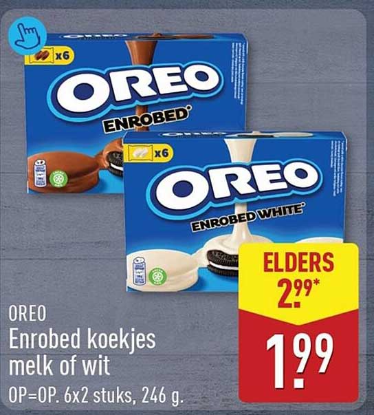 OREO Enrobed koekjes melk of wit OP=OP. 6x2 stuks, 246 g.