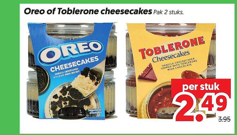 Oreo of Toblerone cheesecakes Pak 2 stuks.