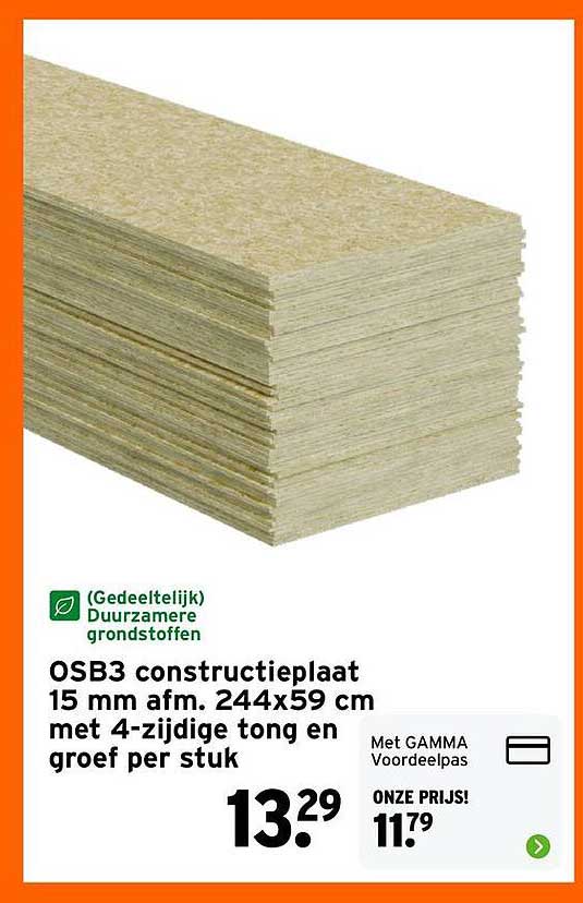 OSB3 constructieplaat 15 mm afm. 244x59 cm met 4-zijdige tong en groef per stuk