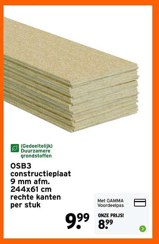 OSB3 constructieplaat 9 mm afm. 244x61 cm rechte kanten per stuk