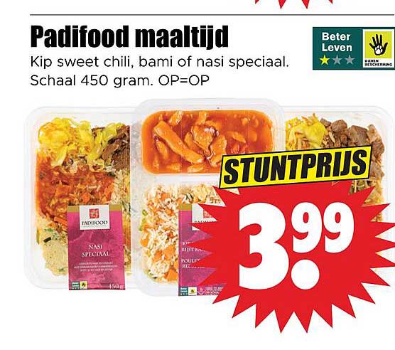 Padifood maaltijd Kip sweet chili, bami of nasi speciaal. Schaall 450 gram. OP=OP