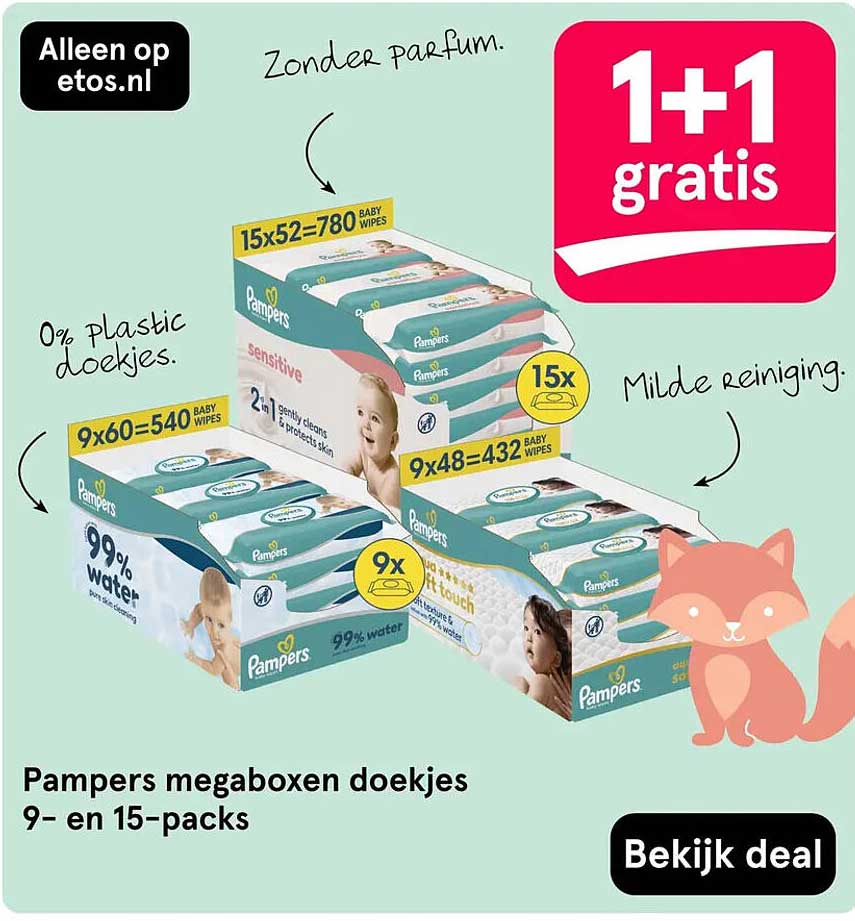 Pampers megaboxen doekjes 9- en 15-packs 1+1 gratis