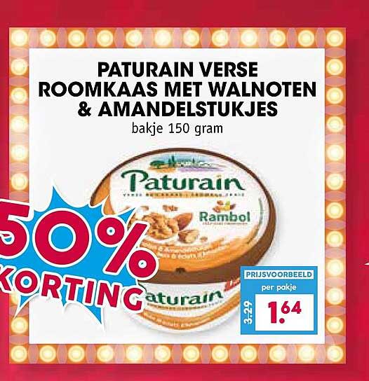 Paturain verse roomkaas met walnoten & amandelstukjes bakje 150 gram 50% korting
