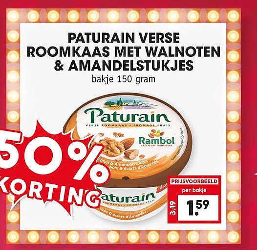 Paturain Verse roomkaas met walnoten & amandelstukjes bakje 150 gram 50% korting