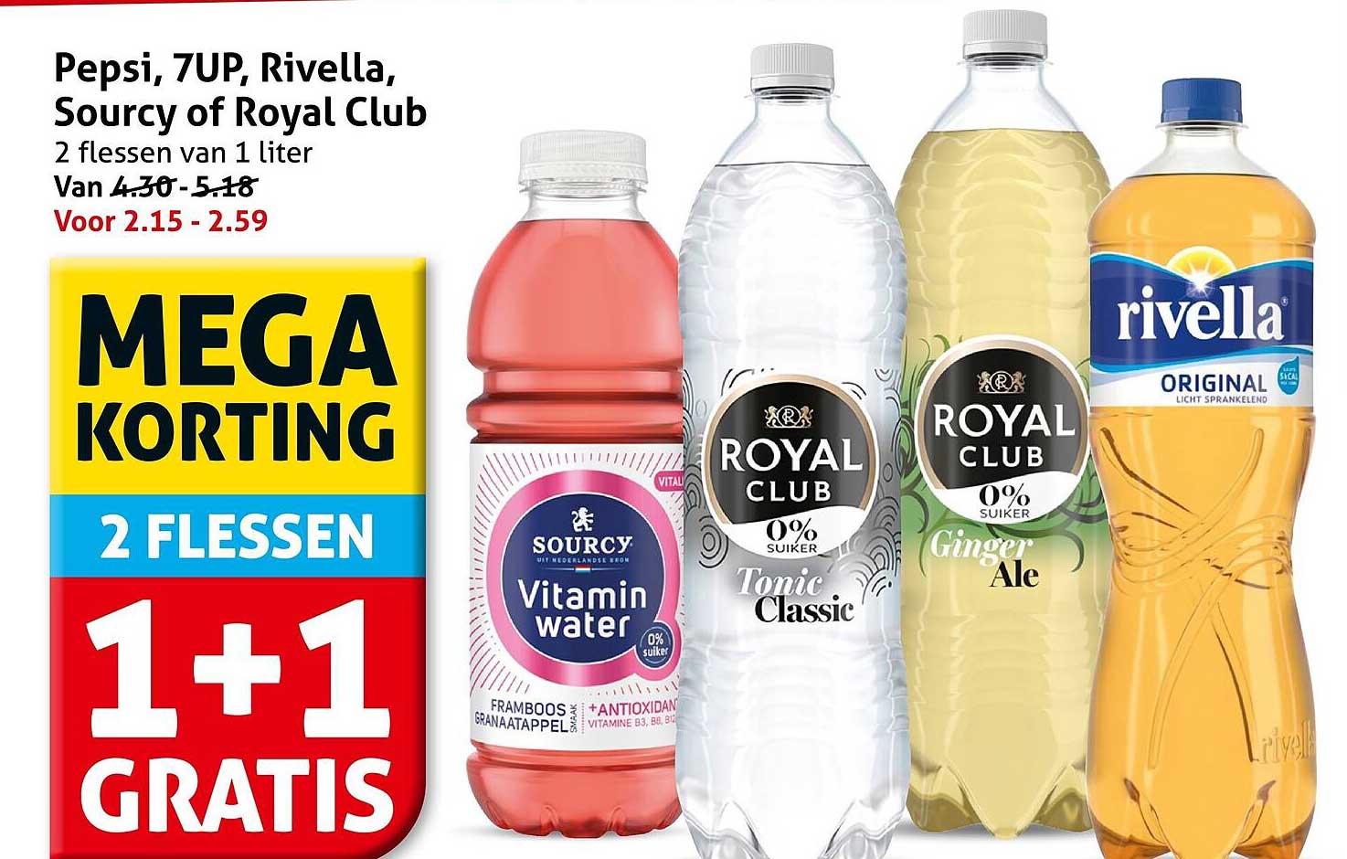 Pepsi, 7UP, Rivella, Sourcy of Royal Club 2 flessen van 1 liter 1+1 gratis