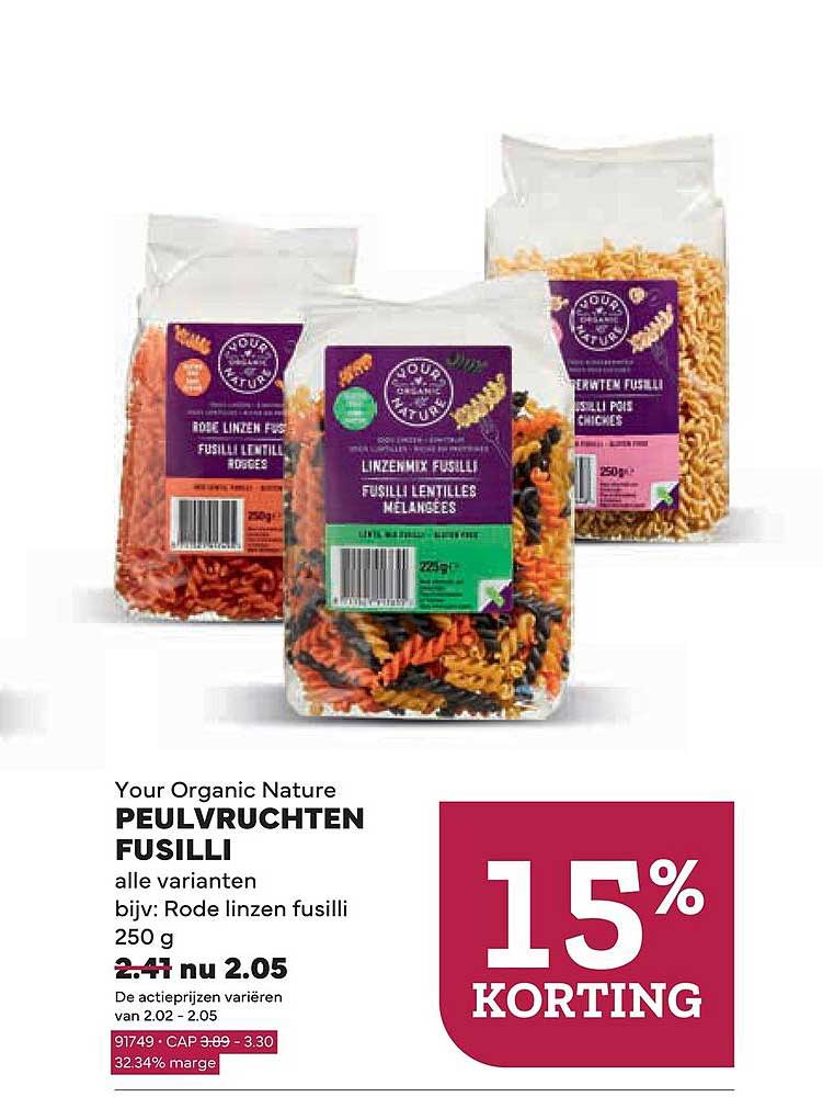 Peulvruchten fusilli alle varianten bijv: Rode linzen fusilli 250 g 15% korting