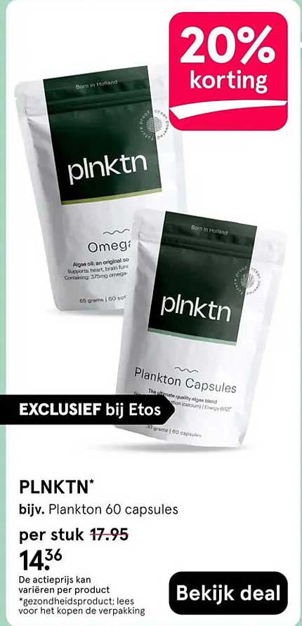 PLNKTN* bijv. Plankton 60 capsules 20% korting