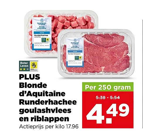 PLUS Blonde d’Aquitaine Runderhachee, goulashvlees en riblappen Per 250 gram