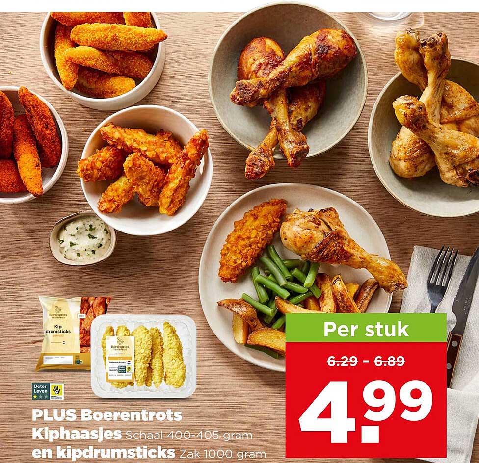 PLUS Boerentrots Kiphapjes schaalt 400-405 gram en kipdrumsticks zak 1000 gram Per stuk