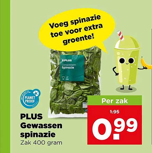 PLUS Gewassen spinazie Zak 400 gram
