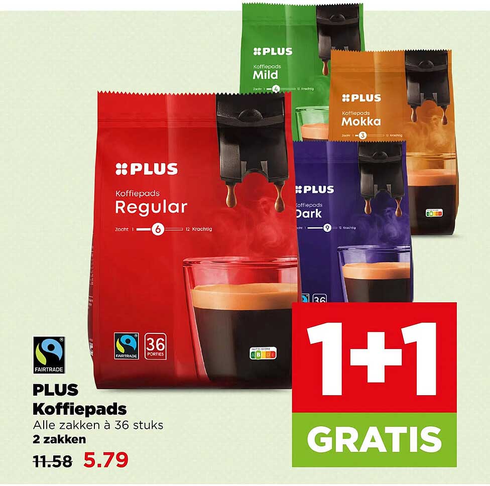PLUS Koffiepads Alle zakken à 36 stuks 2 zakken 1+1 GRATIS