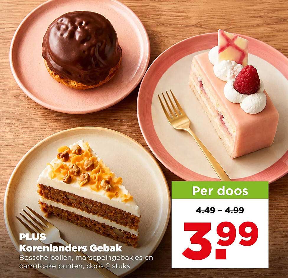 PLUS Korenlanders Gebak Bossche bollen, marsepeingebakjes en carrotcake punten, doos 2 stuks