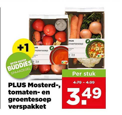 PLUS Mosterd-, tomaten- en groentesoep verspakket +1 Beter Bikken Buddies spaarzegel