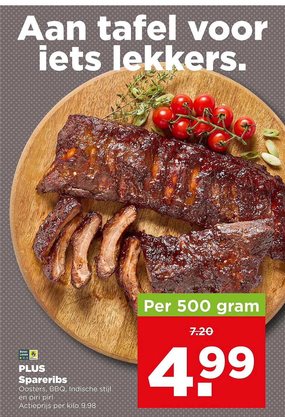 PLUS Spareribs Oosters, BBQ, Indische stijl en piri piri Per 500 gram
