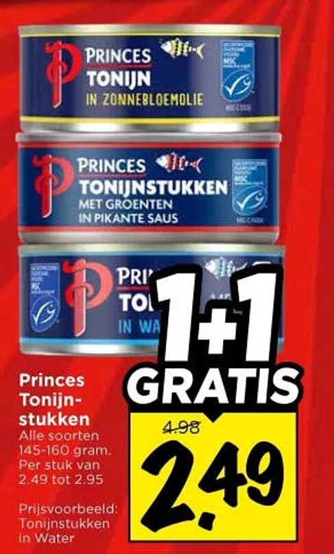 Princes Tonijnstukken 1+1 GRATIS